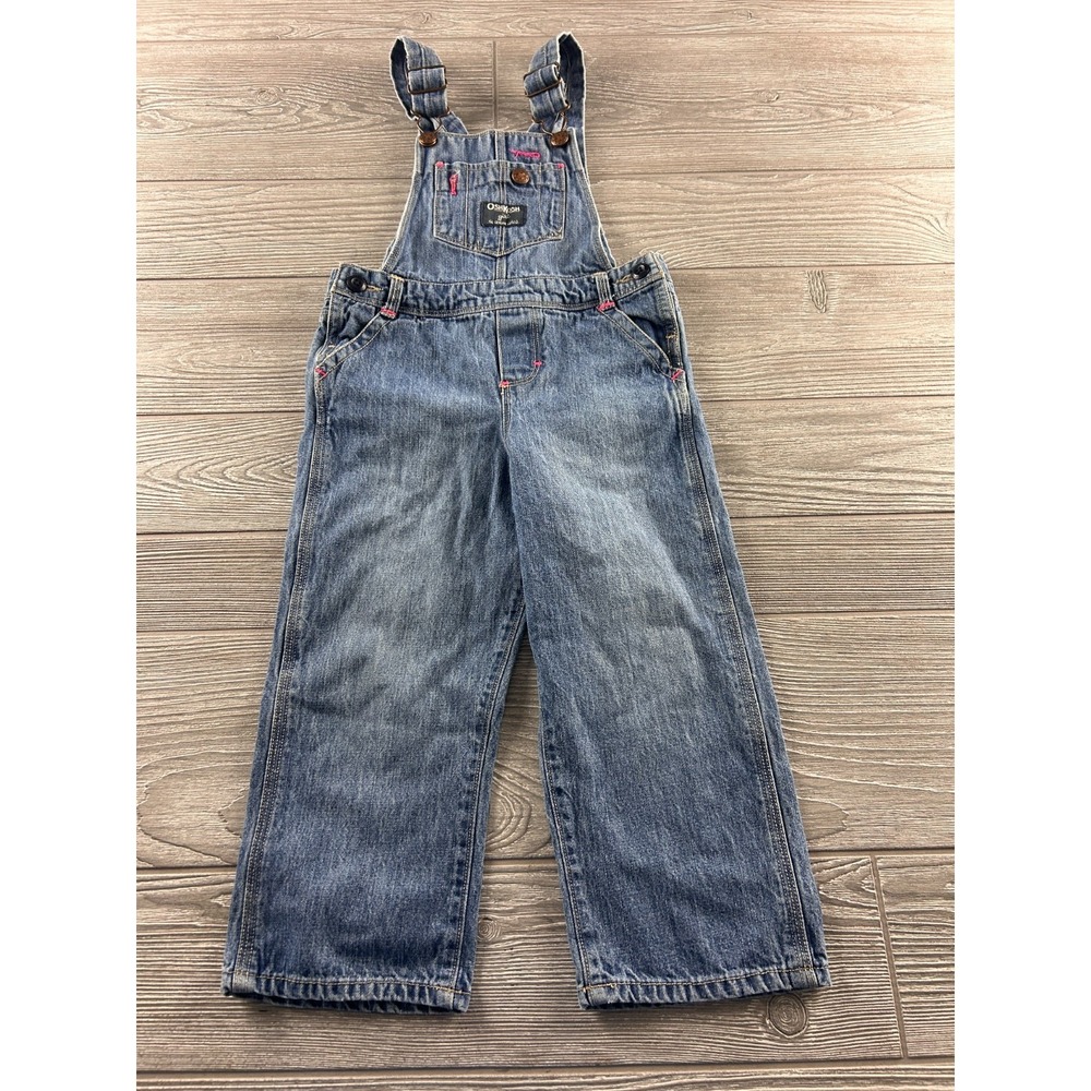 OshKosh B'gosh Girls Denim Bib Overalls Size 3T Medium Wash Cotton Pink Stitch